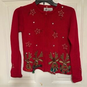 Tiara Girls Vintage Red Christmas Sweater Fun Reindeer in Festive Attire 8-10